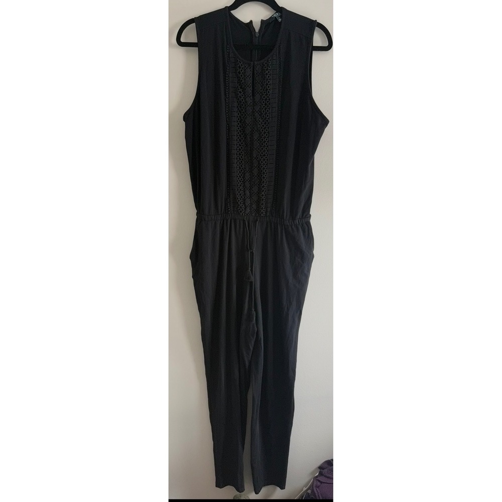 Lauren Ralph Lauren Black Sleeveless Crochet Lace Bib Jumpsuit Tassel Waist L